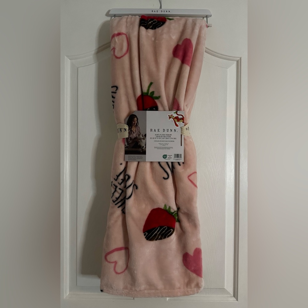 Rae Dunn chocolate covered strawberry plush throw NWT Valentines Day